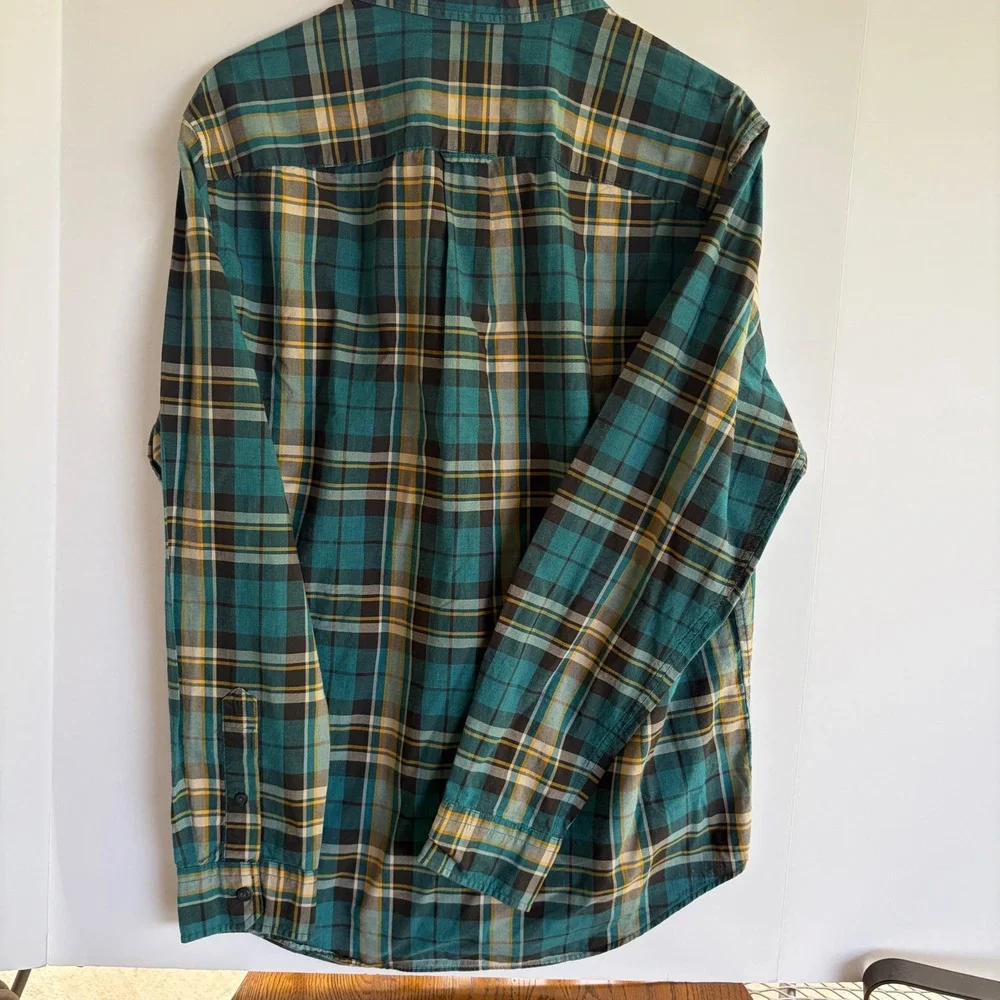 American Eagle Mens Seriously Soft Plaid Button Down Shirt Teal Yellow Classic M
